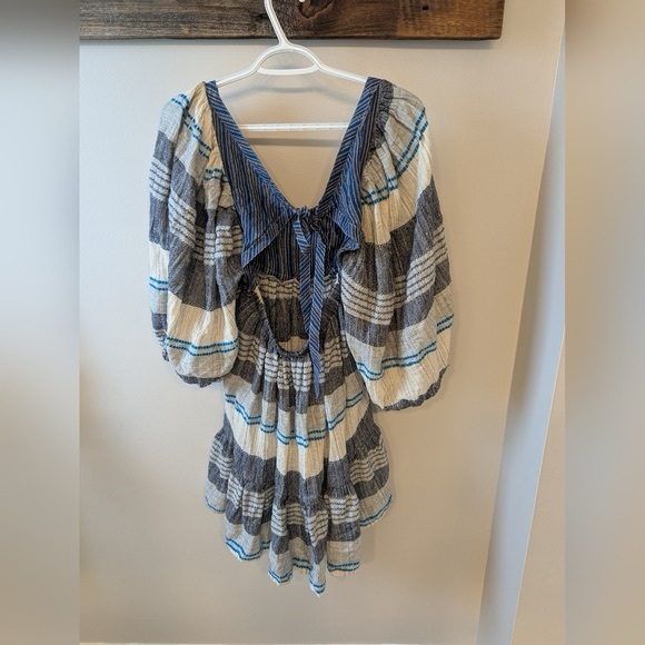 Free People All Lined Up Blue Multi Striped Puff Sleeve Mini Dress - Picture 3 of 7
